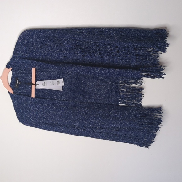 525 America NWT Fringe Cardigan Open Knit Sweater In Navy Combo - Picture 9 of 14